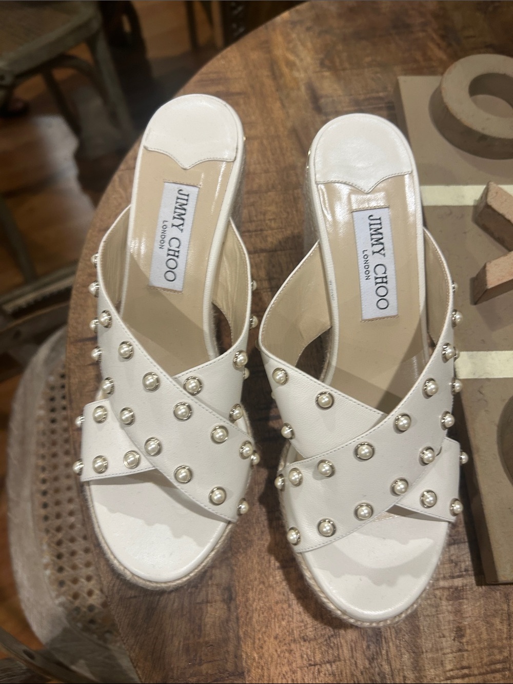 Jimmy Choo Cream Leather Studded Slide Mules